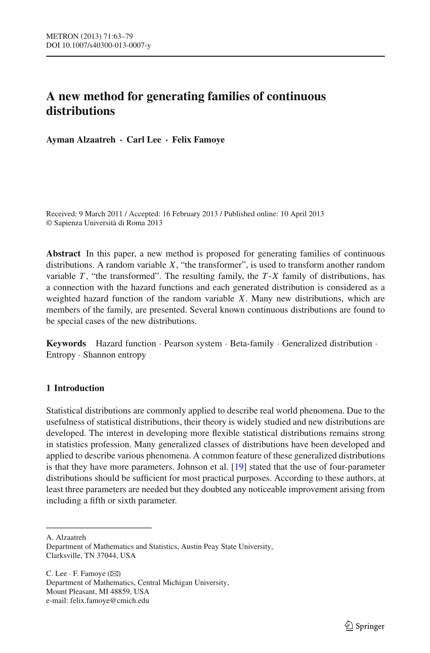 Pdf A New Method For Generating Families Of Continuous Distributions