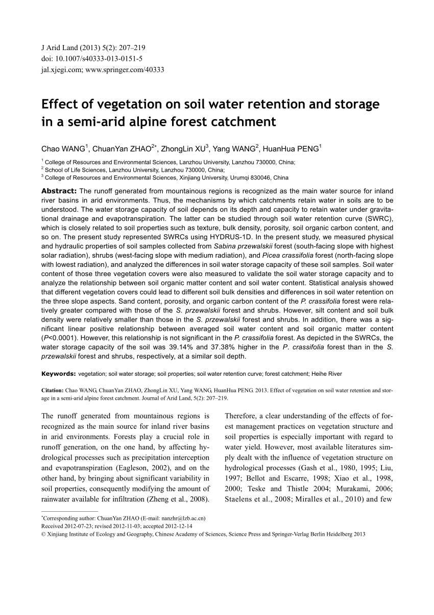 Pdf Effect Of Vegetation On Soil Water Retention And Storage In A Semi Arid Alpine Forest Catchment