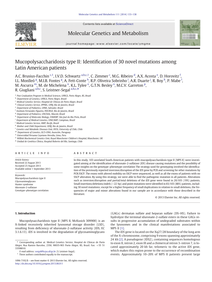 PDF) Mucopolysaccharidosis type II: Identification of 30 novel