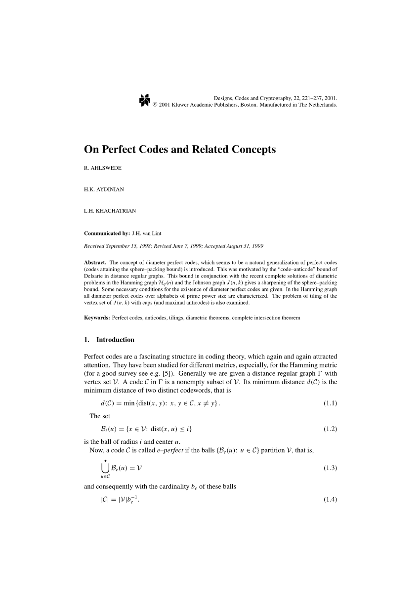 Pdf On Perfect Codes And Related Concepts