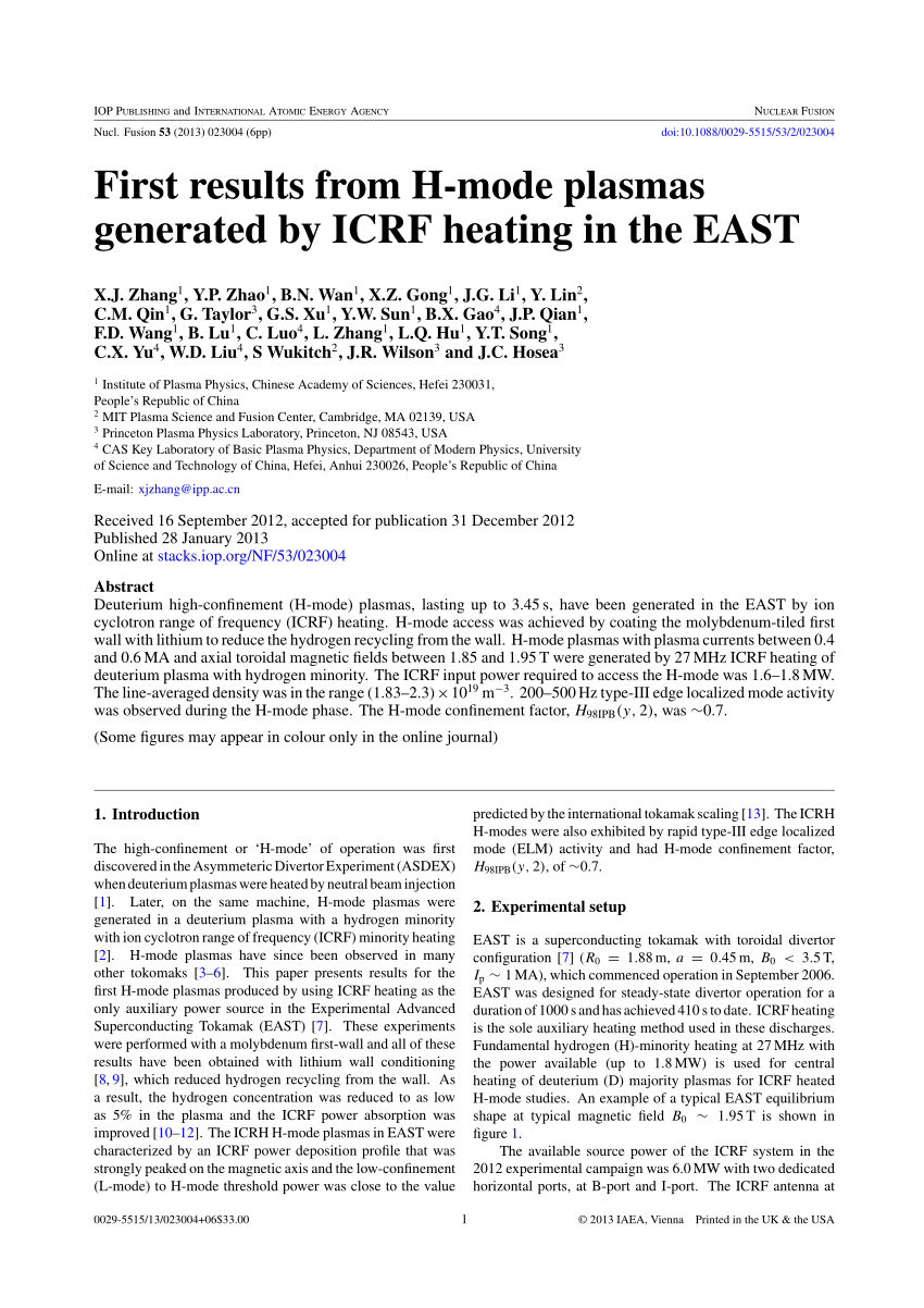 Pdf First Results From H Mode Plasmas Generated By Icrf Heating In The East