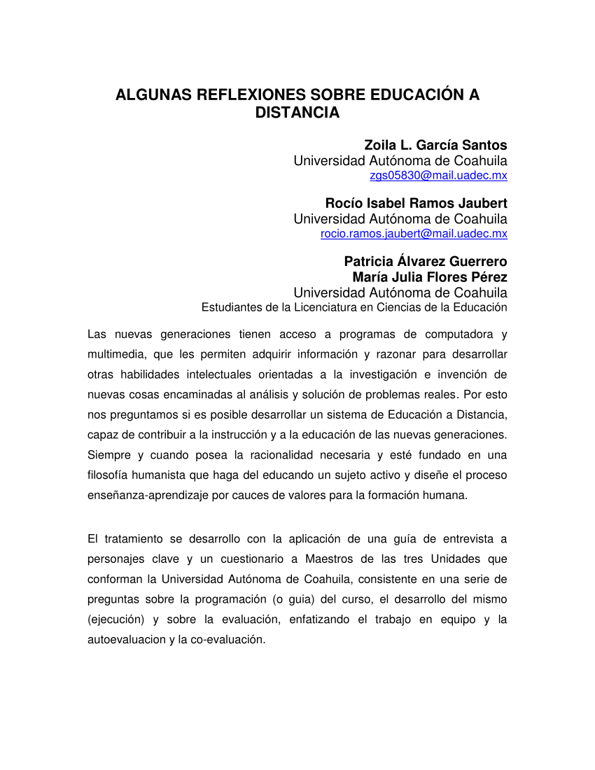 PDF) ALGUNAS REFLEXIONES SOBRE EDUCACIÓN A DISTANCIA