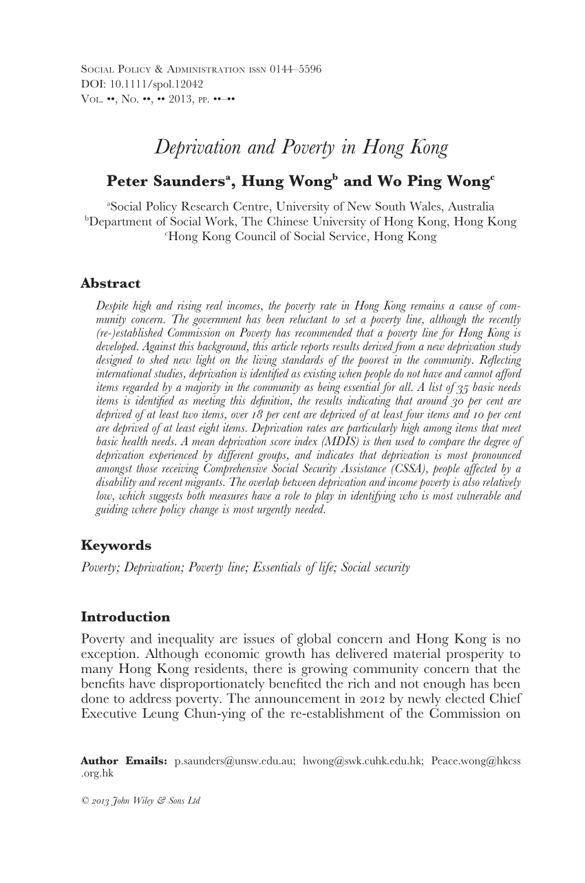 Pdf Deprivation And Poverty In Hong Kong