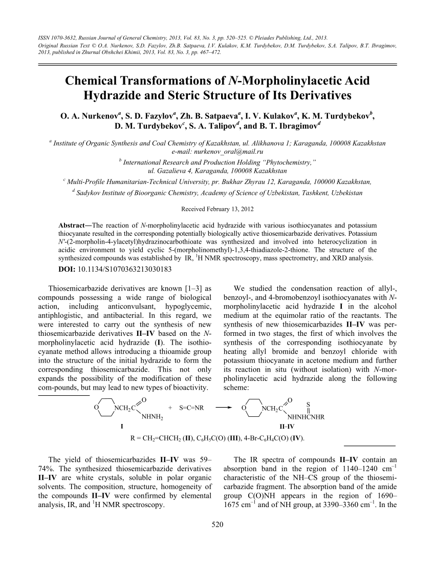 Pdf Chemical Transformations Of N Morpholinylacetic Acid Hydrazide And Steric Structure Of Its Derivatives
