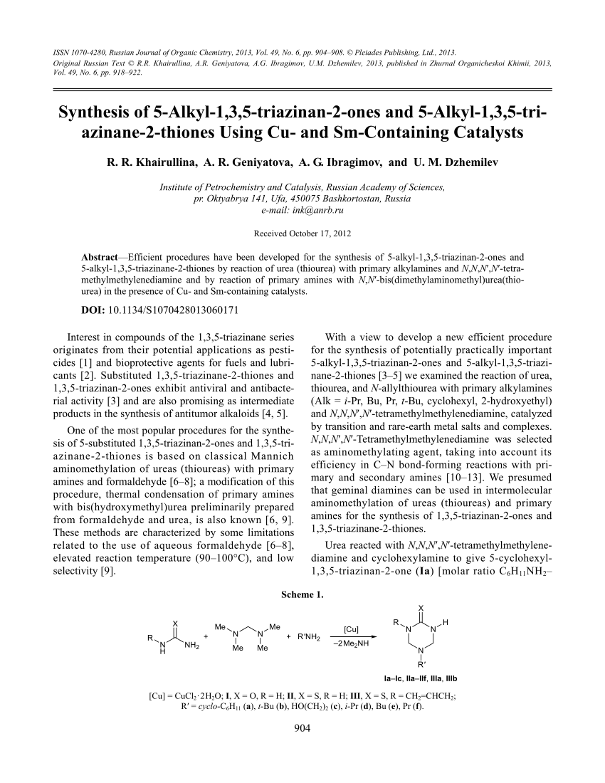 Pdf Cheminform Abstract Synthesis Of 5 Alkyl 1 3 5 Triazinan 2 Ones And 5 Alkyl 1 3 5 Triazinane 2 Thiones Using Cu And Sm Containing Catalysts
