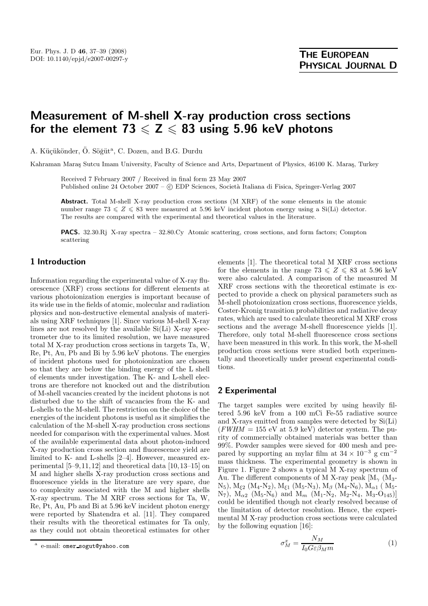 Pdf Measurement Of M Shell X Ray Production Cross Sections For The Element 73 Z Using 5 96 Kev Photons