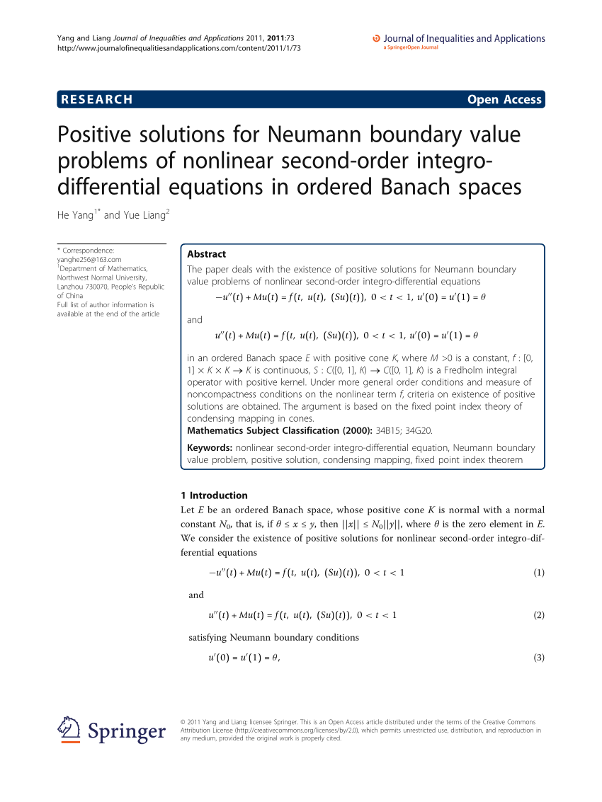 Pdf Positive Solutions For Neumann Boundary Value Problems Of Nonlinear Second Order Integro Differential Equations In Ordered Banach Spaces