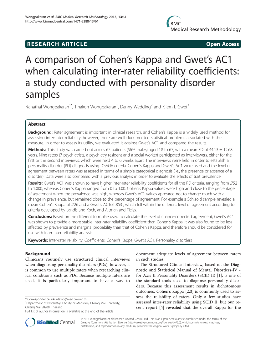 PDF) A comparison Kappa and AC1 when calculating inter-rater coefficients: A study conducted with personality disorder samples