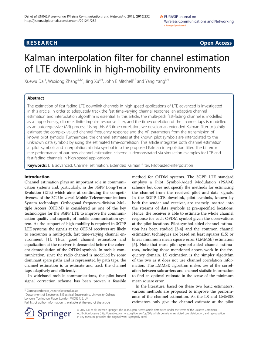 Pdf Kalman Interpolation Filter For Channel Estimation Of Lte Downlink In High Mobility Environments