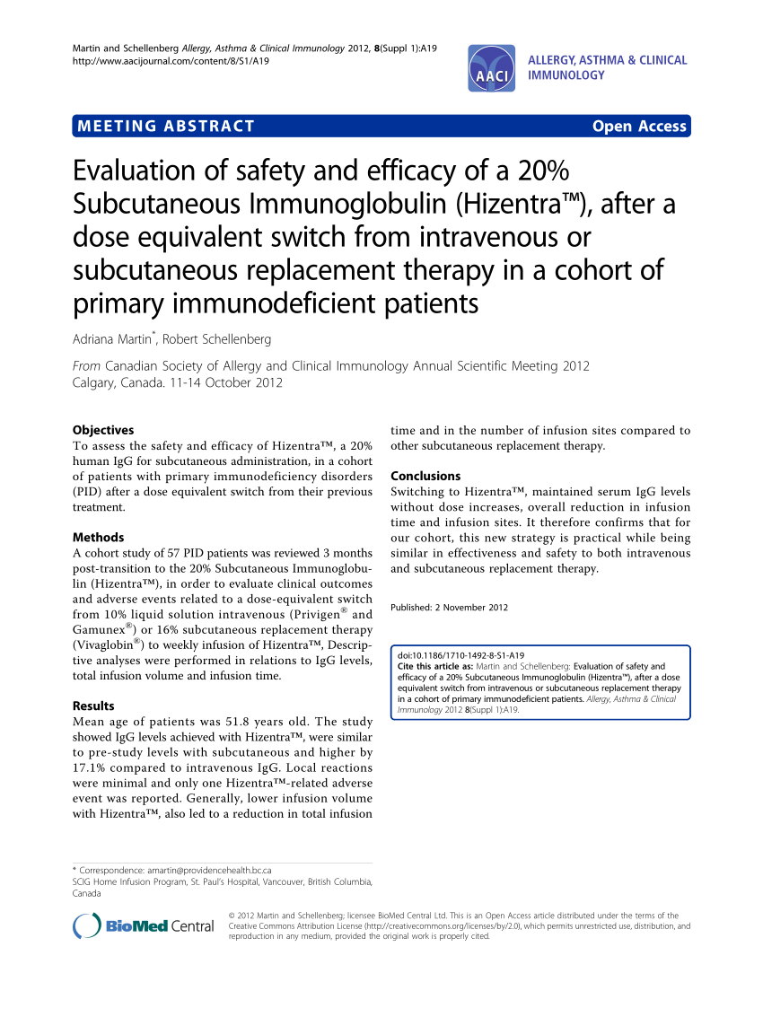 (PDF) Evaluation of safety and efficacy of a 20% Subcutaneous Immunoglobulin (Hizentra™), after a dose equivalent switch from intravenous or subcutaneous replacement therapy in a cohort of primary immunodeficient patients