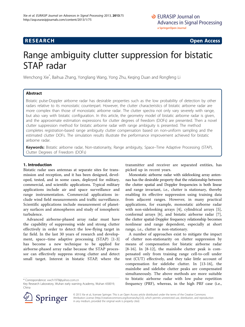 PDF Range ambiguity clutter suppression for bistatic STAP radar