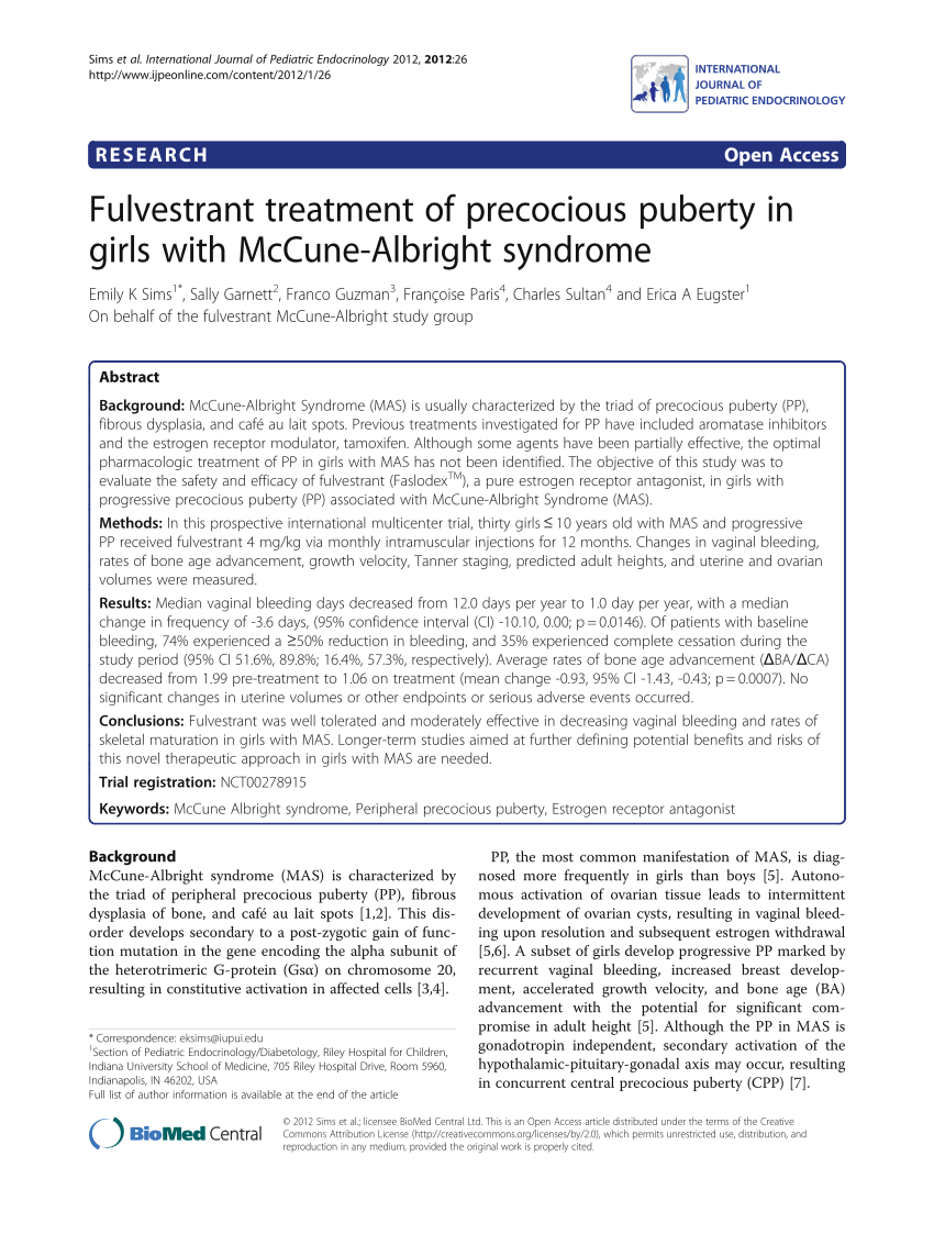 Pdf Fulvestrant Treatment Of Precocious Puberty In Girls With Mccune
