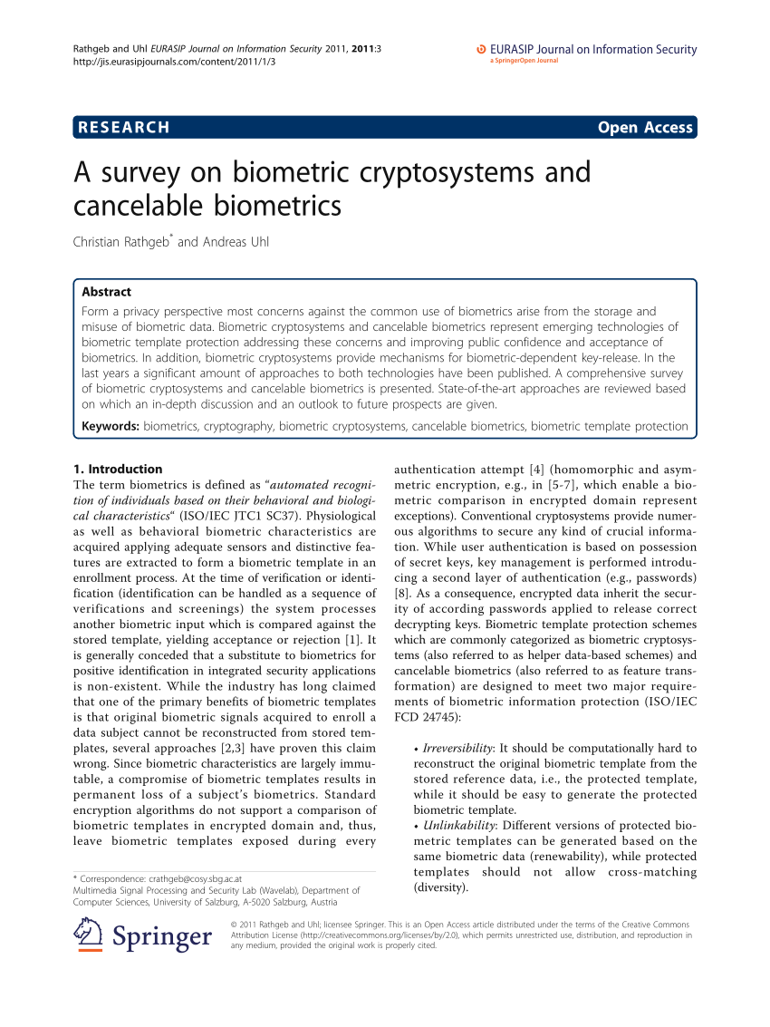 Pdf A Survey On Biometric Cryptosystems And Cancelable Biometrics