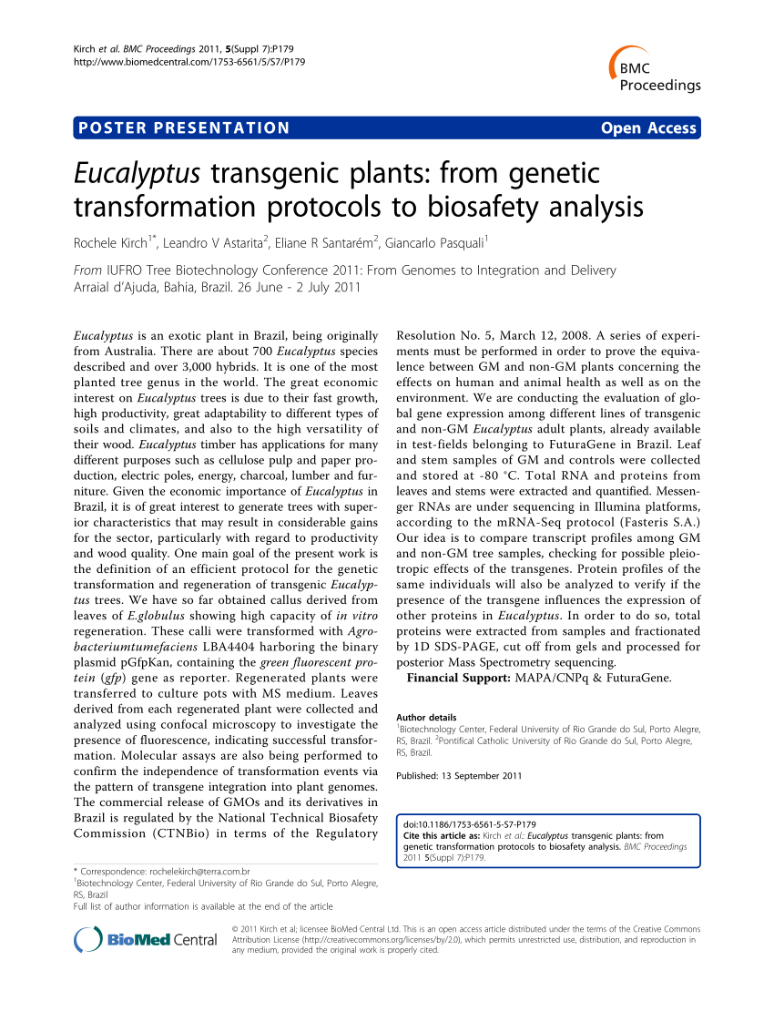 Pdf Eucalyptus Transgenic Plants From Genetic Transformation Protocols To Biosafety Analysis