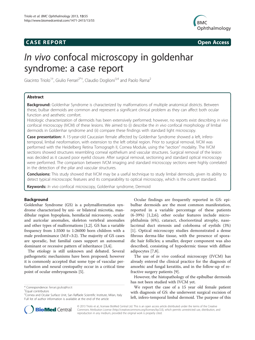 Pdf In Vivo Confocal Microscopy In Goldenhar Syndrome A Case Report