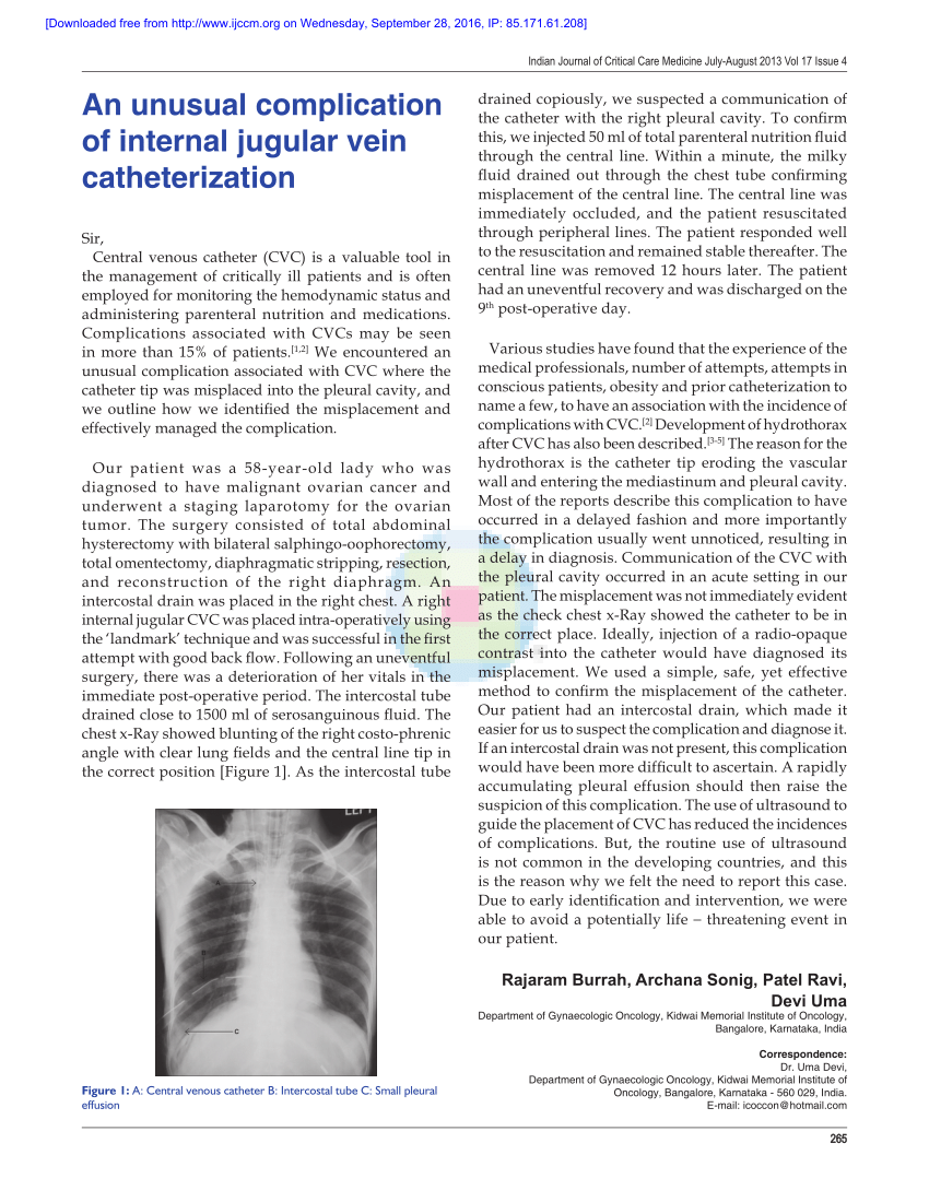 (PDF) An unusual complication of internal jugular vein catheterization