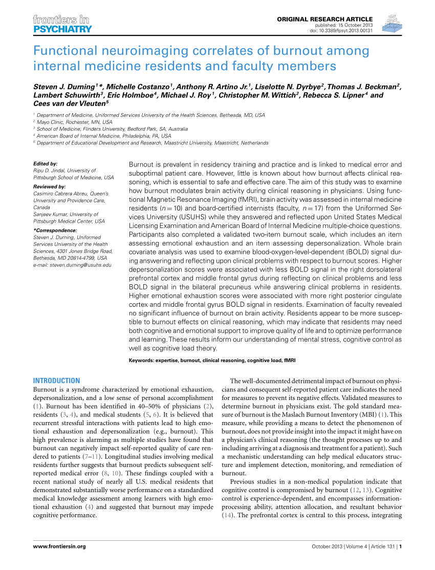 PDF) Functional Neuroimaging Correlates of Burnout among Internal ...