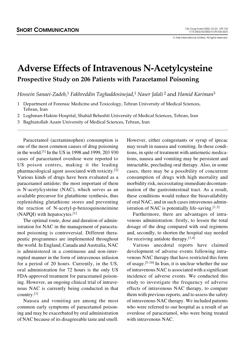 PDF Adverse Effects of Intravenous N Acetylcysteine