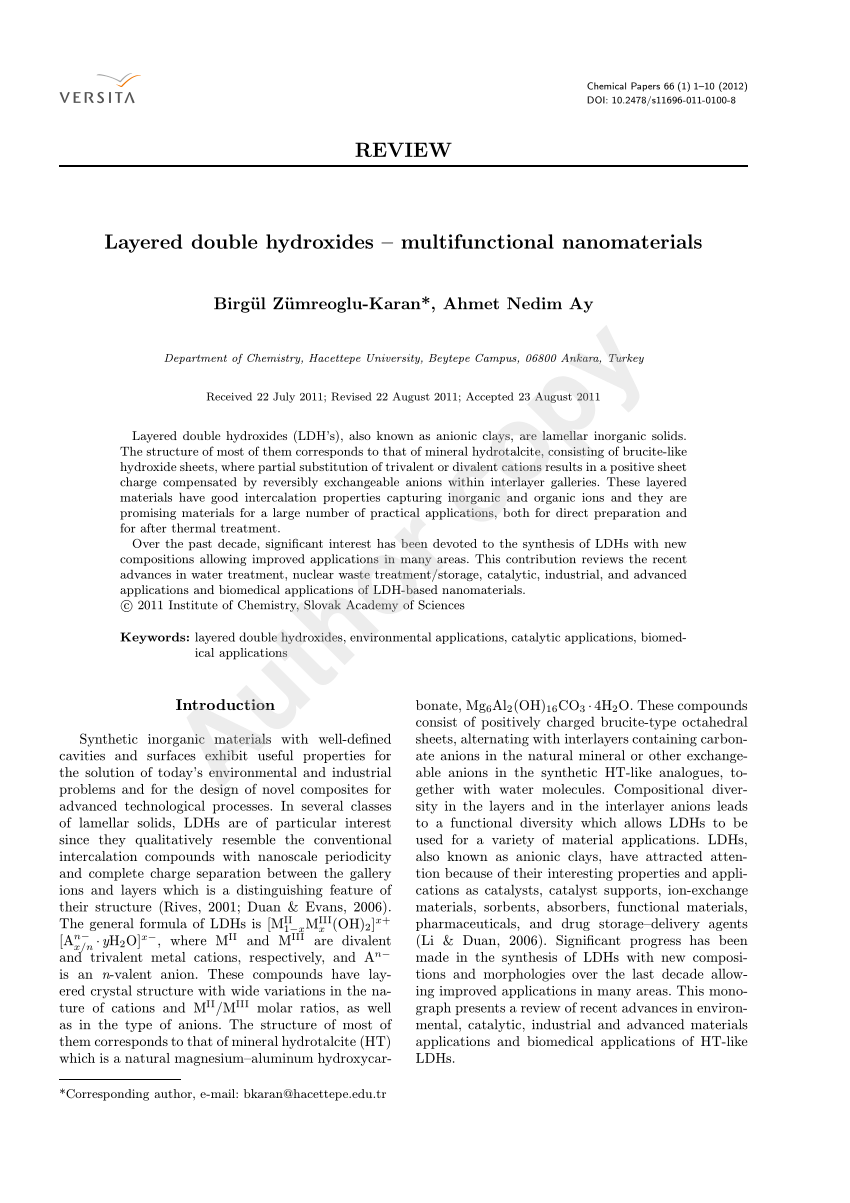 PDF) Layered double hydroxides - Multifunctional nanomaterials