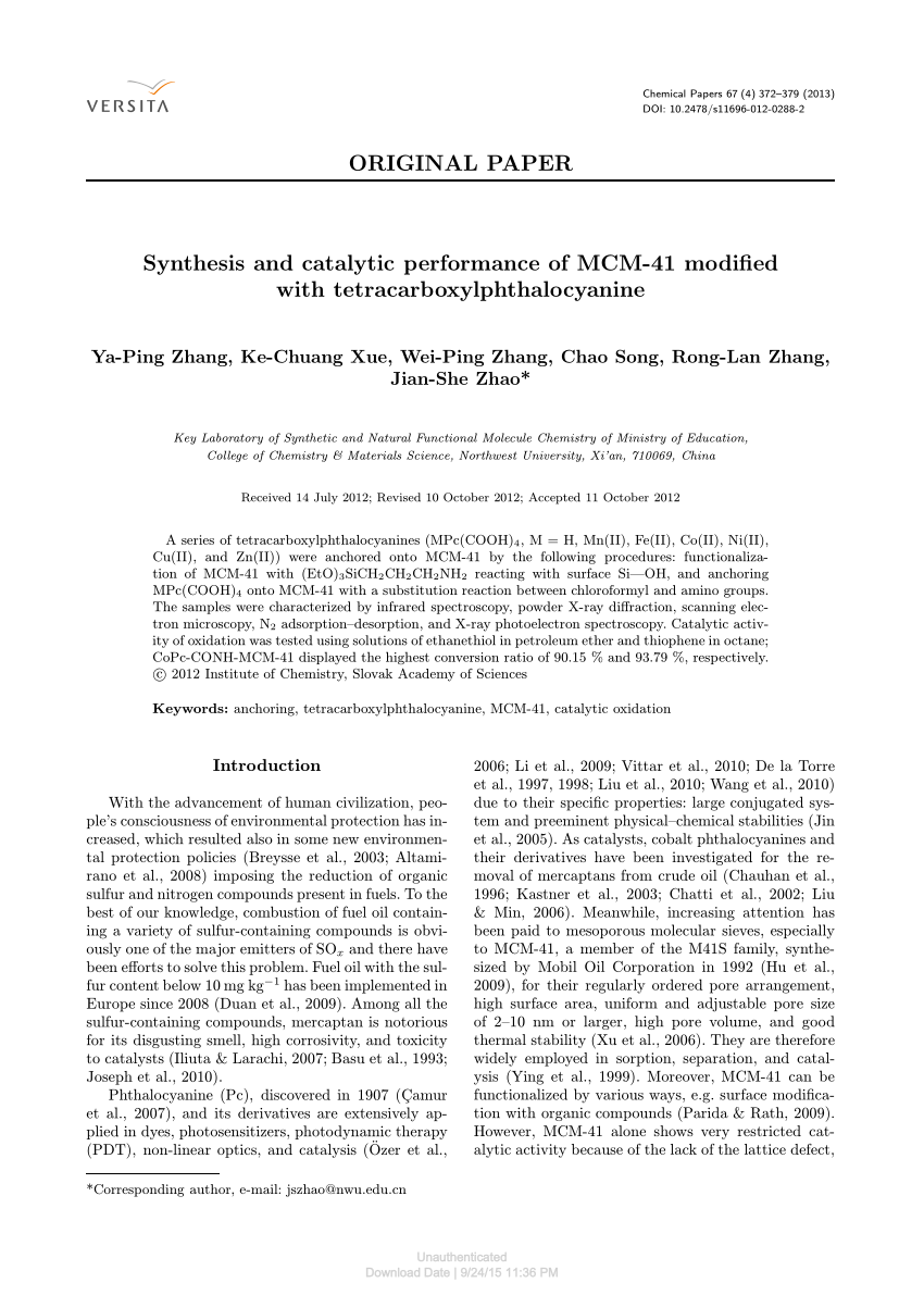 PDF) Synthesis and catalytic performance of MCM-41 modified with