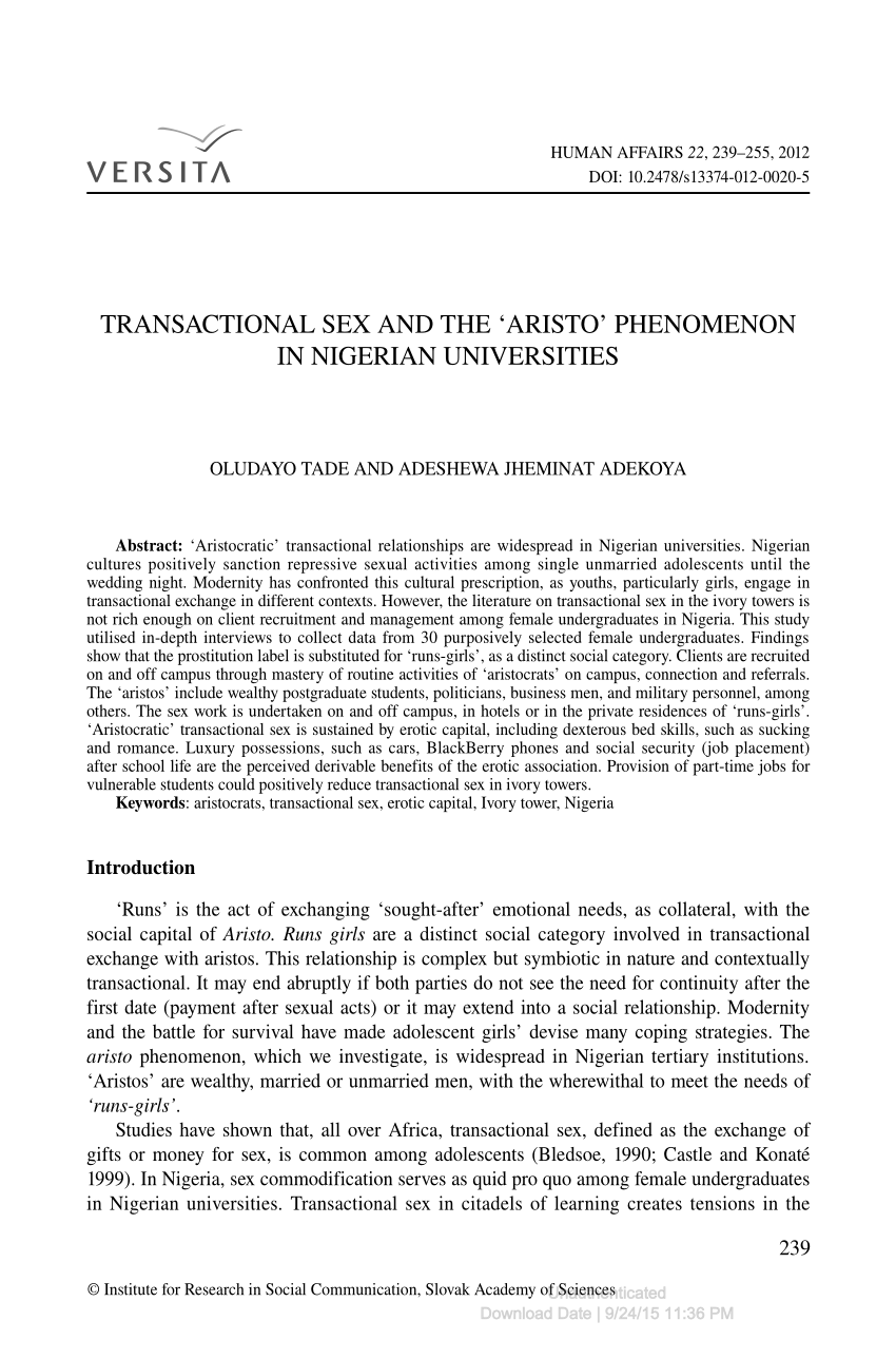 Pdf Transactional Sex And The ‘aristo Phenomenon In Nigerian Universities 6443