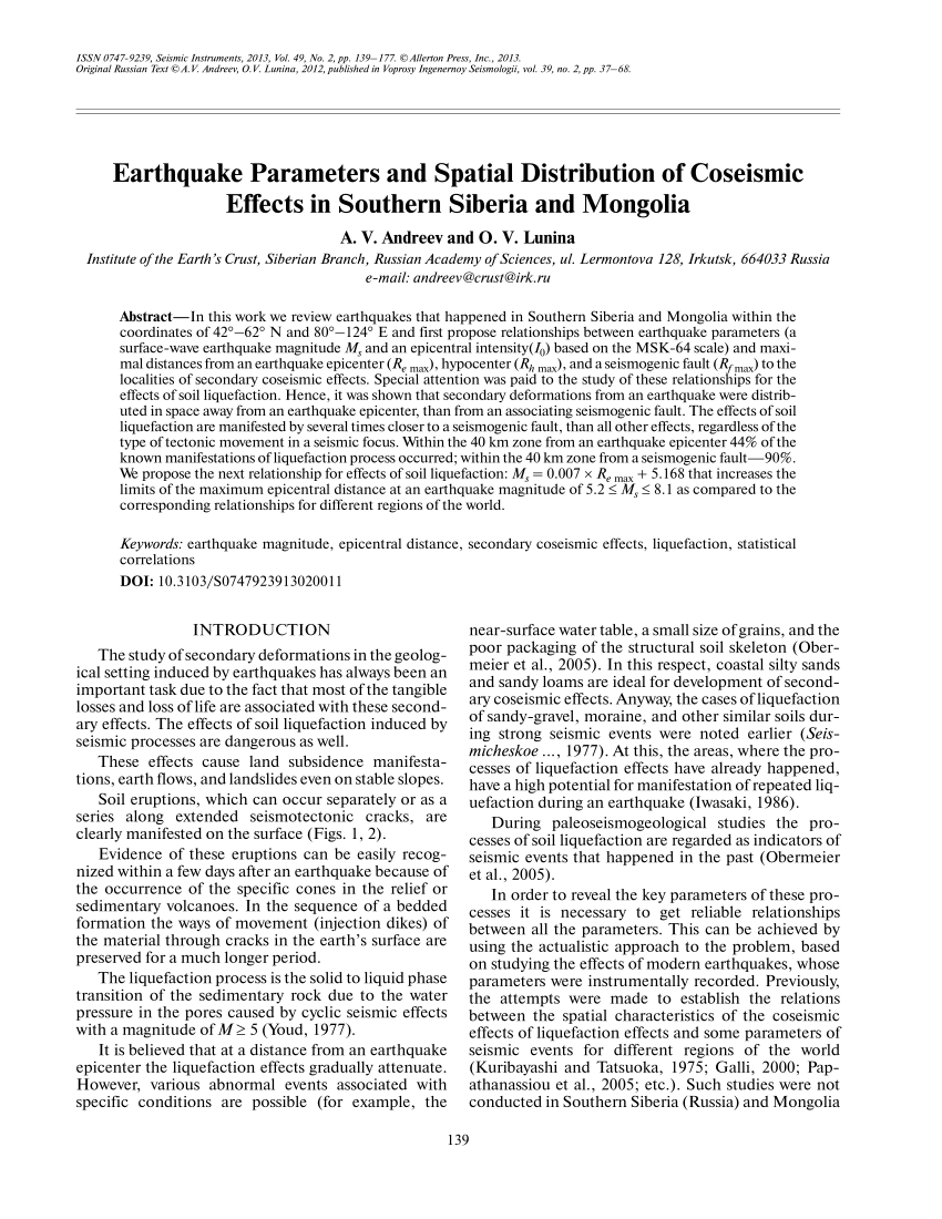 Pdf Earthquake Parameters And Spatial Distribution Of Coseismic Effects In Southern Siberia And Mongolia