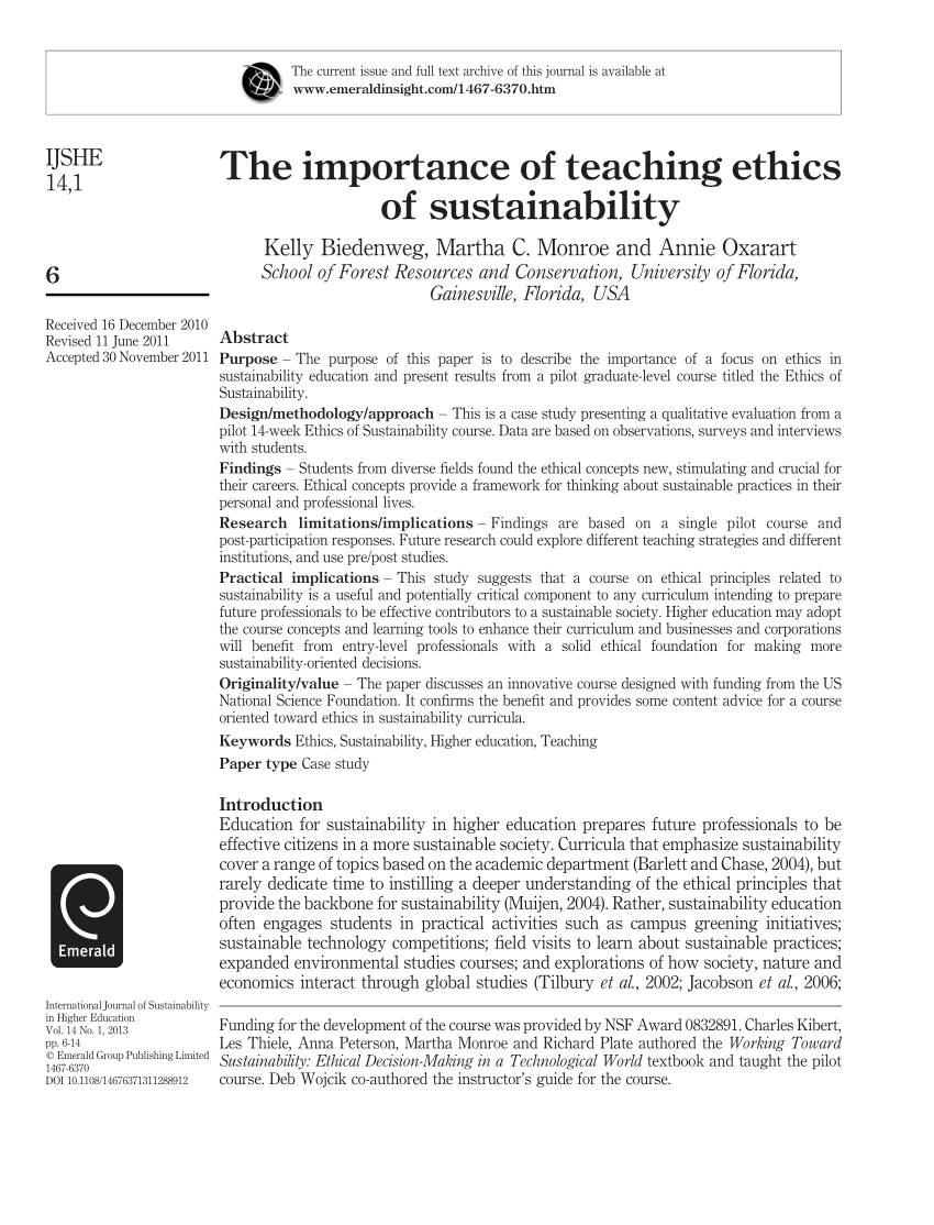 Pdf The Importance Of Teaching Ethics Of Sustainability