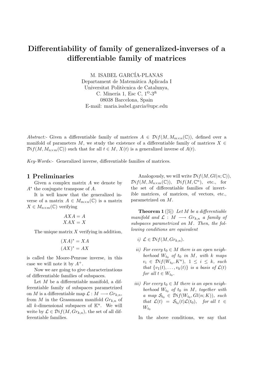 Pdf Differentiable Families Of Generalized Inverses