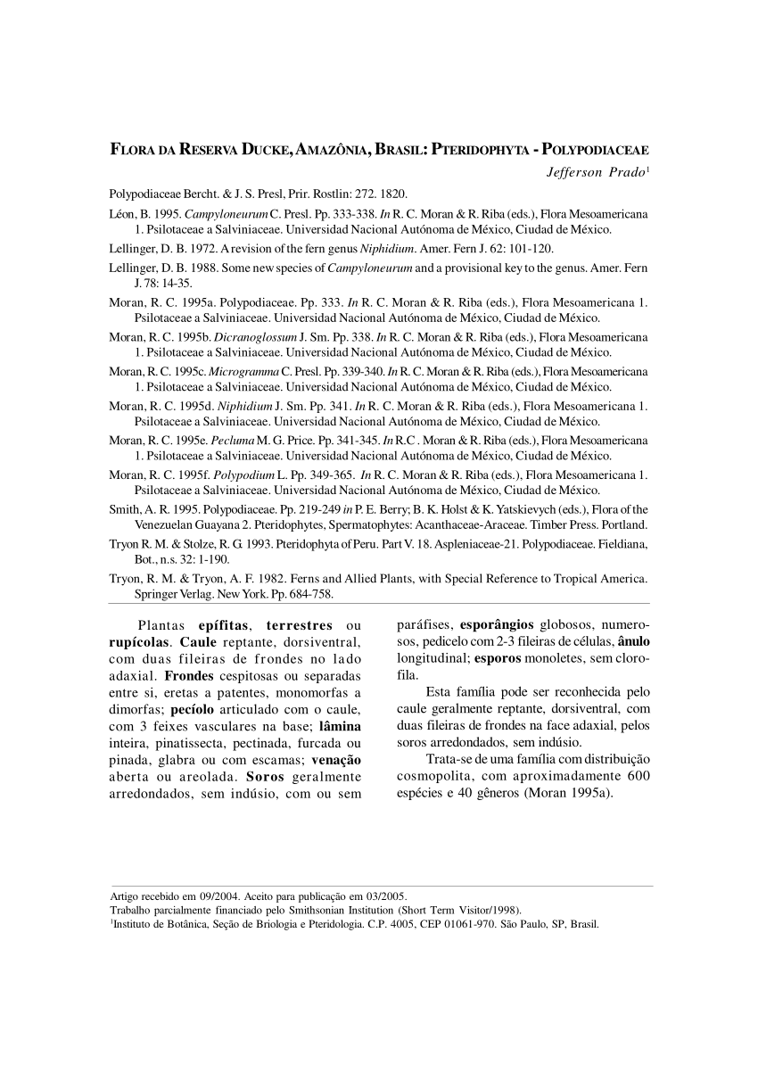 Pdf Flora Da Reserva Ducke Amazonia Brasil Pteridophyta Polypodiaceae