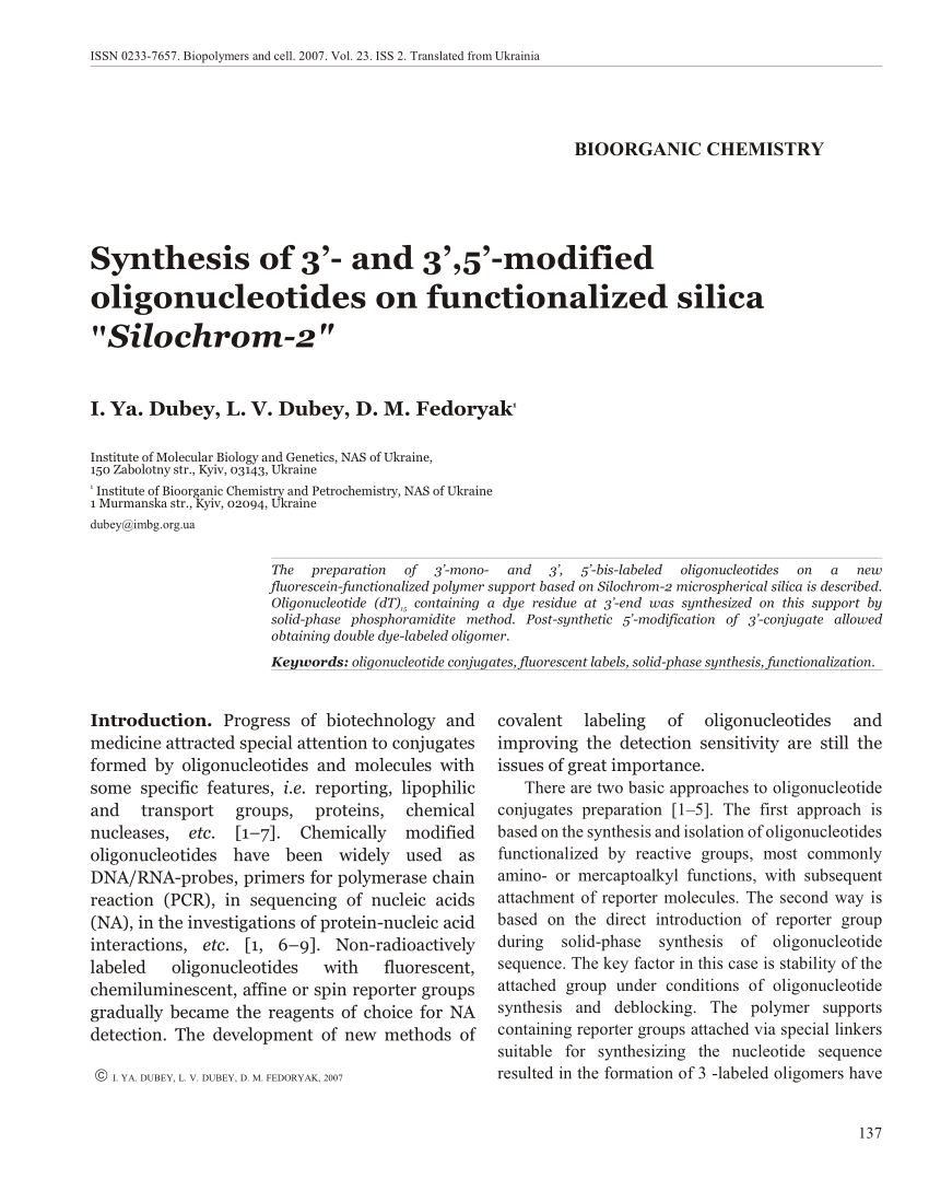 Pdf Synthesis Of 3 And 3 5 Modified Oligonucleotides On Functionalized Silica Silochrom 2