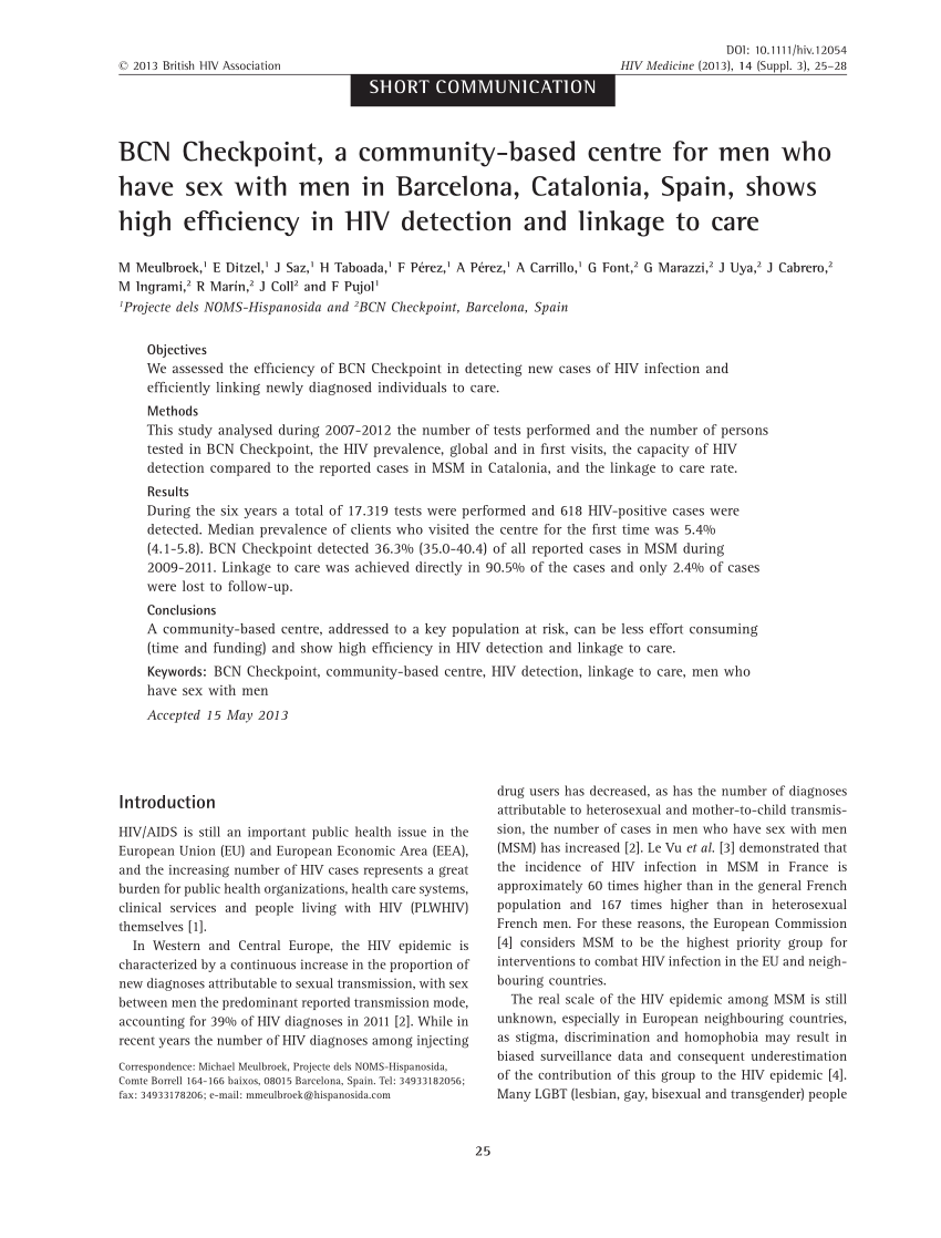 PDF) BCN Checkpoint, a community-based centre for men who have sex with men  in Barcelona, Catalonia, Spain, shows high efficiency in HIV detection and  linkage to care