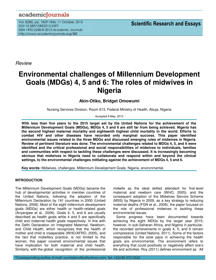 pdf) environmental challenges of millennium development goals (mdgs