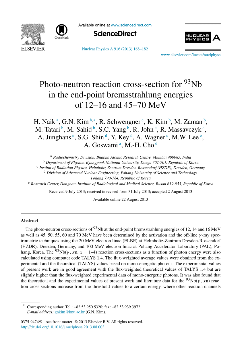 Pdf Photo Neutron Reaction Cross Section For 93nb In The End Point Bremsstrahlung Energies Of 12 16 And 45 70 Mev
