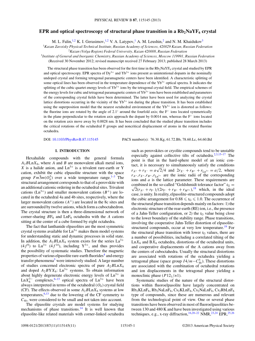 PDF) EPR and optical spectroscopy of structural phase transition in a  Rb2NaYF6 crystal