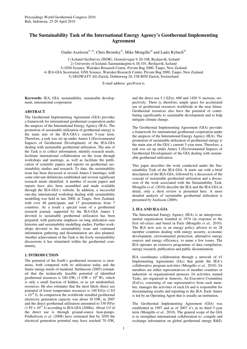 Pdf The Sustainability Task Of The International Energy Agency S Geothermal Implementing Agreement