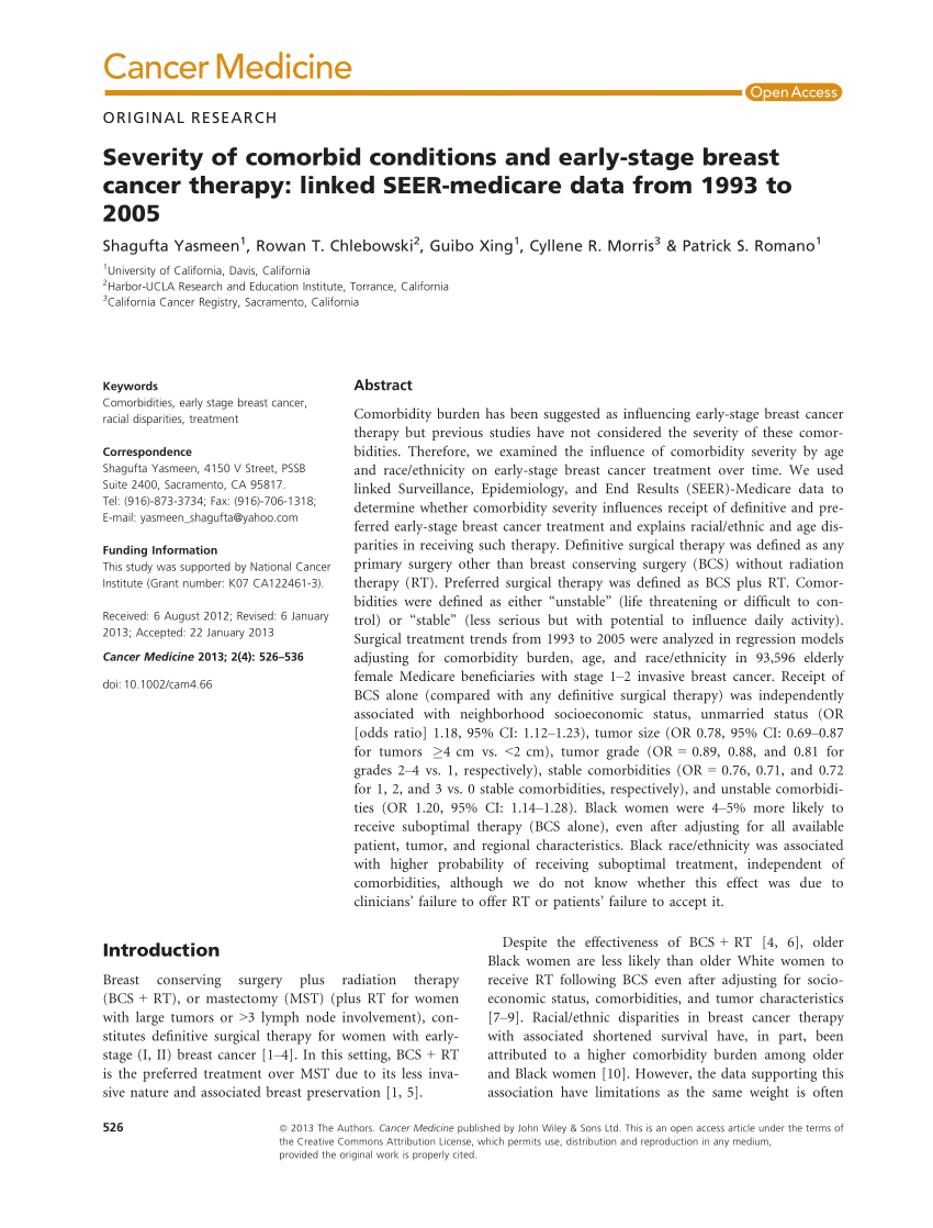 Pdf Severity Of Comorbid Conditions And Early Stage Breast Cancer Therapy Linked Seer Medicare Data From 1993 To 05