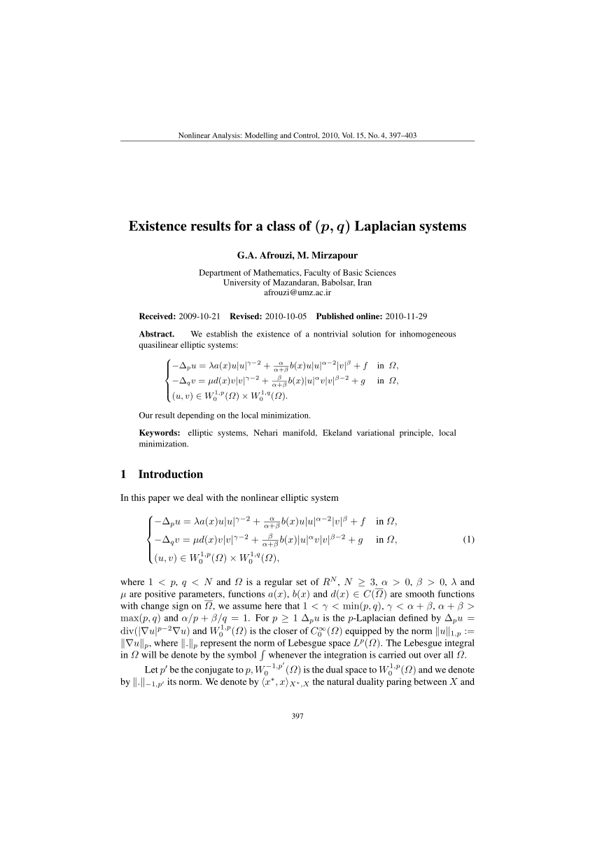 Pdf Existence Results For A Class Of P Q Laplacian Systems