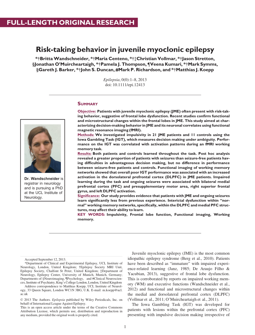 PDF Risk taking behavior in juvenile myoclonic epilepsy