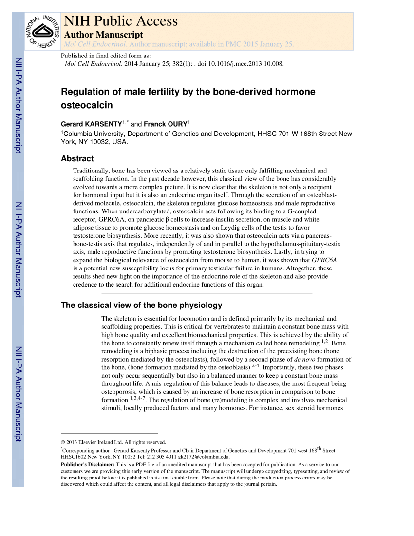 (PDF) Regulation of male fertility by the bone-derived hormone osteocalcin