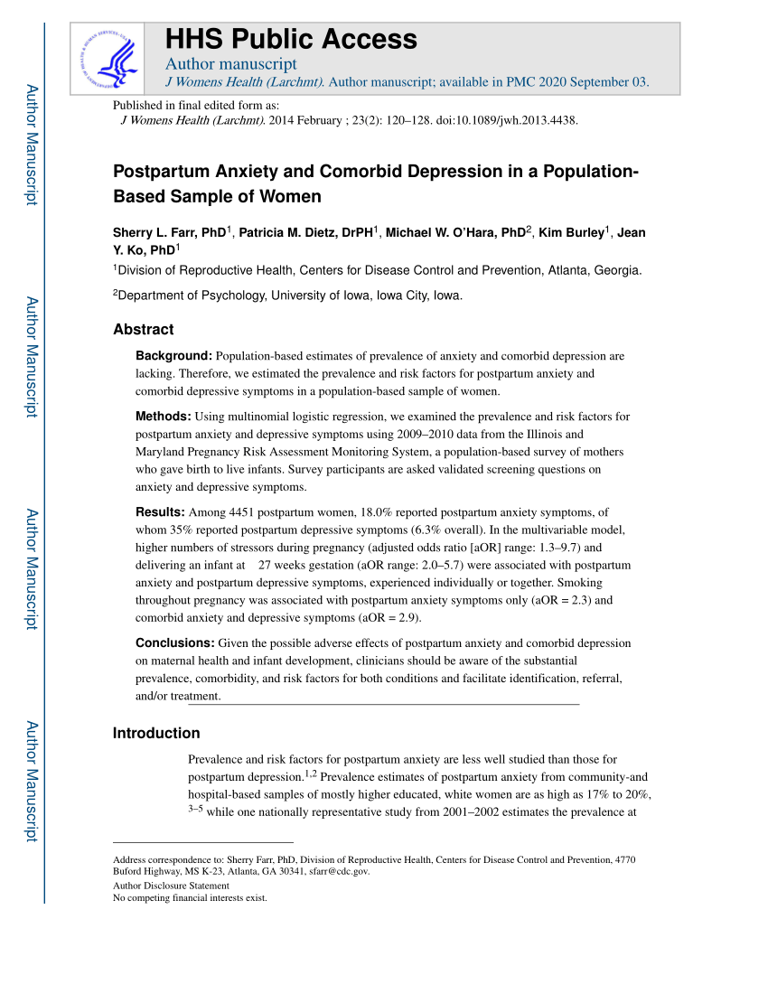 PDF) Postpartum Anxiety and Comorbid Depression in a Population-Based  Sample of Women