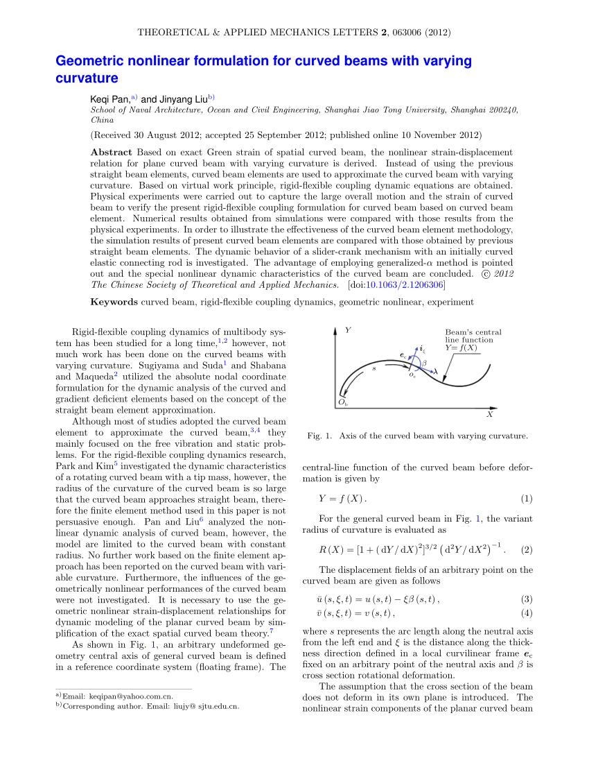Pdf Geometric Nonlinear Formulation For Curved Beams With Varying Curvature