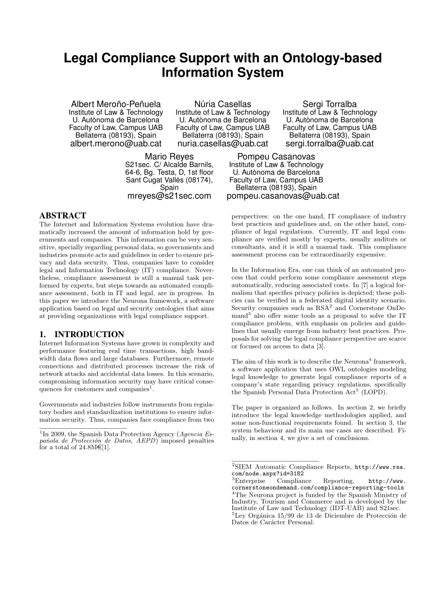 Pdf Legal Compliance Support With An Ontology Based Information System