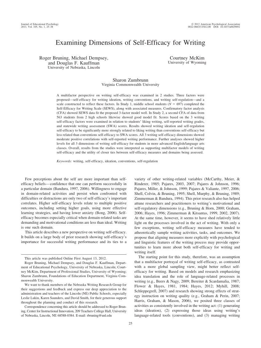 Pdf Examining Dimensions Of Self Efficacy For Writing