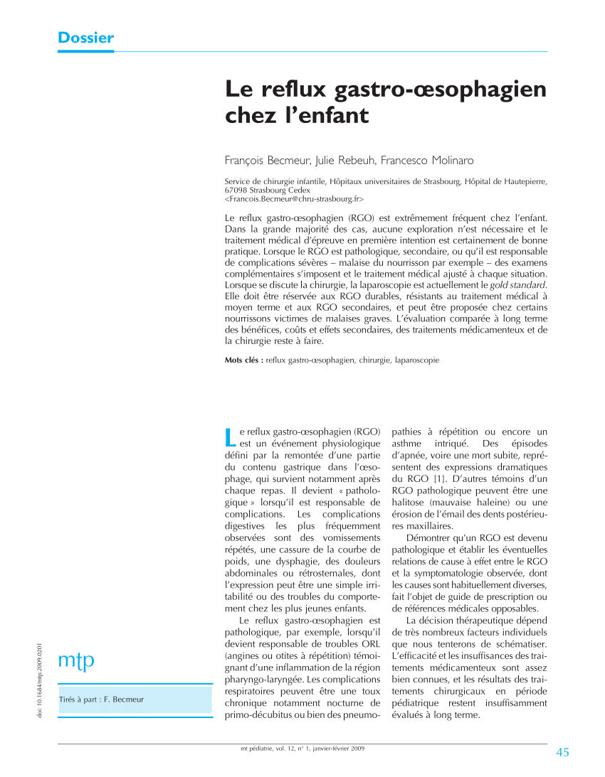 Pdf Le Reflux Gastro œsophagien Chez L Enfant