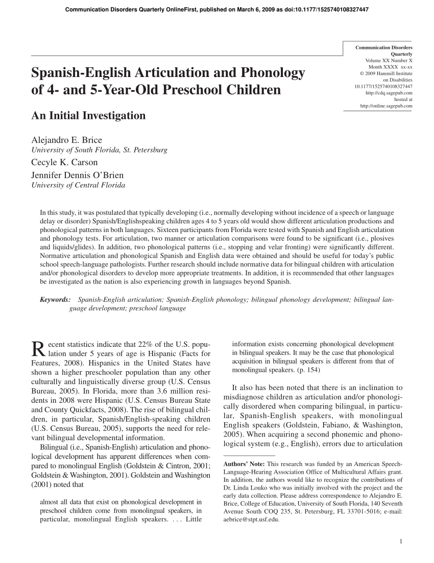 Pdf Spanish English Articulation And Phonology Of 4 And 5 Year Old Preschool Children An Initial Investigation