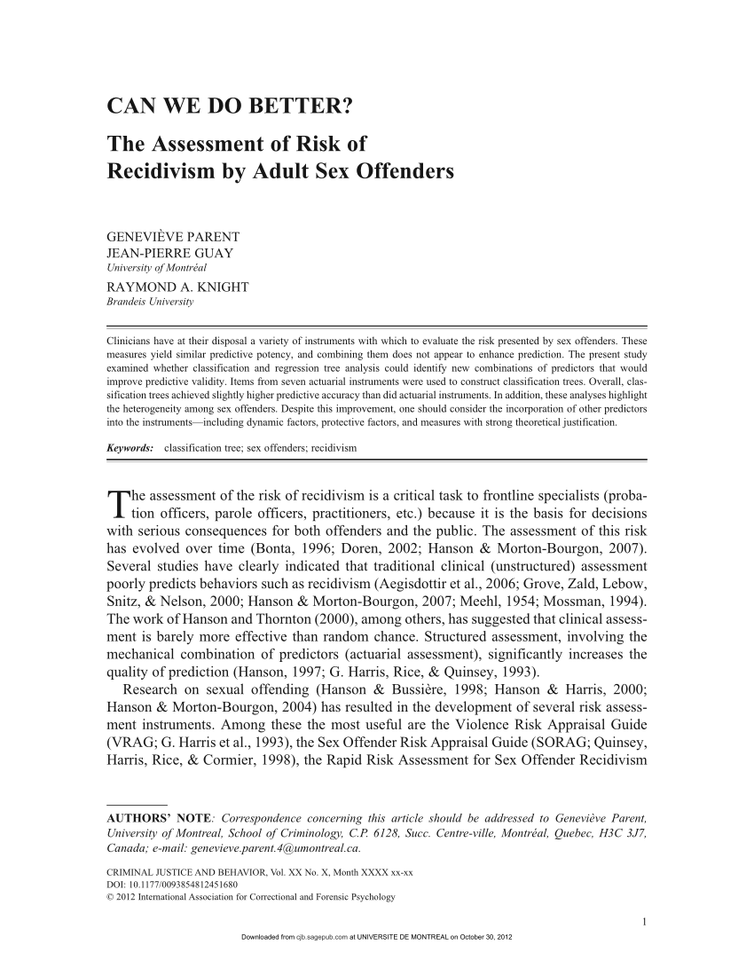 Pdf Can We Do Better The Assessment Of Risk Of Recidivism By Adult Sex Offenders 5292
