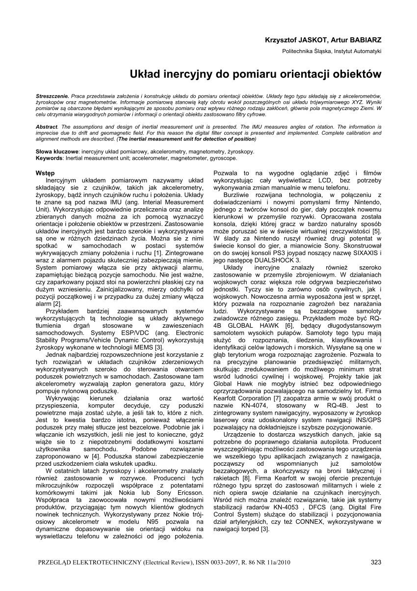 Pdf Uklad Inercyjny Do Pomiaru Orientacji Obiektów