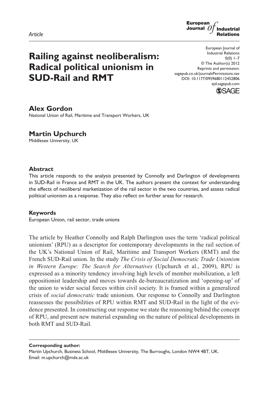 PDF) Railing against neoliberalism: Radical political unionism in SUD-Rail  and RMT