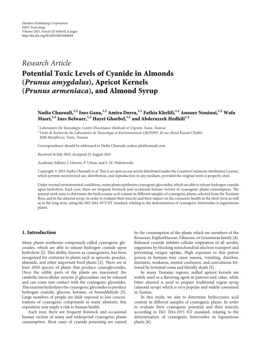 PDF) Toxic Levels of Cyanide in (Prunus amygdalus), Apricot Kernels (Prunus armeniaca), and Almond