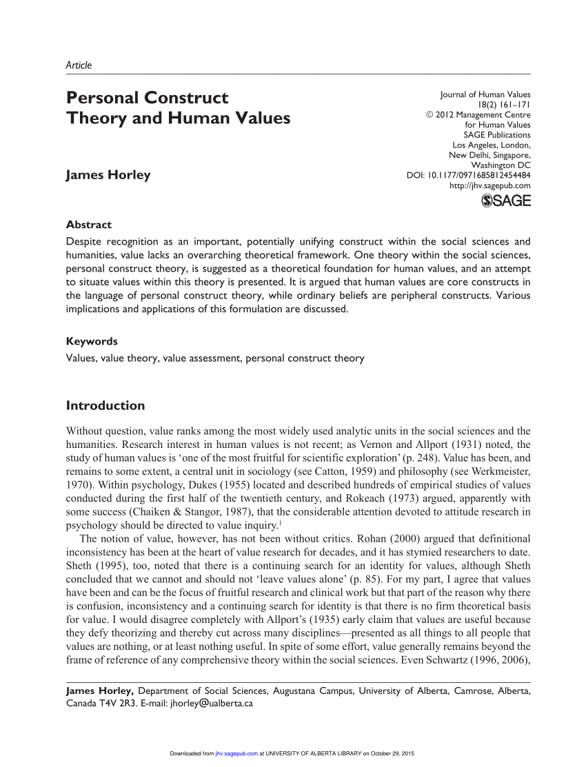 Pdf Personal Construct Theory And Human Values 3857